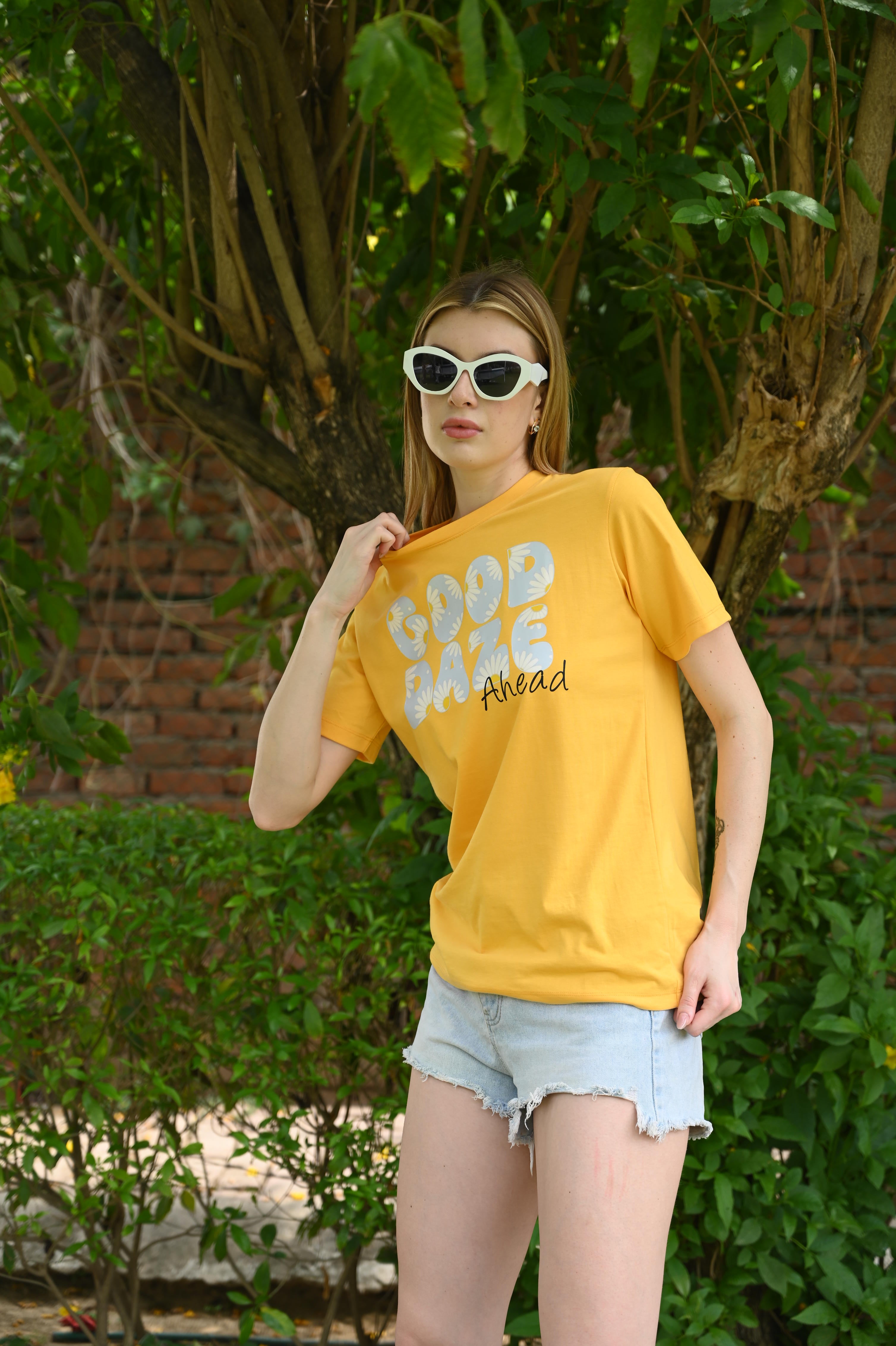 Yellow pure cotton Printed T-shirt
