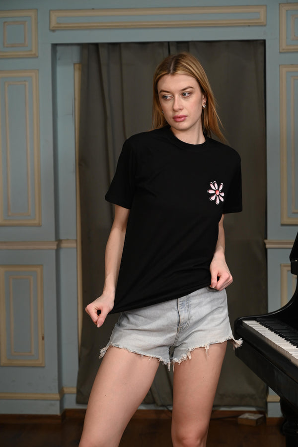 Black T-shirt with Flower Graphic