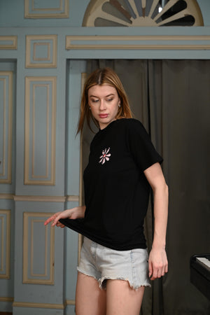 Black T-shirt with Flower Graphic
