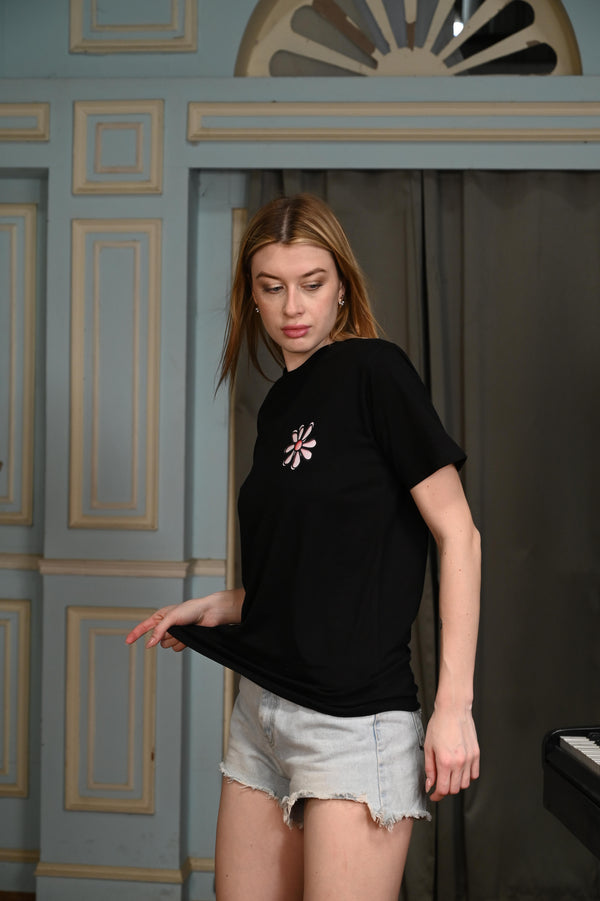 Black T-shirt with Flower Graphic