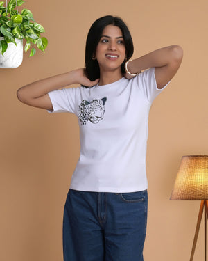 Women's White Leopard Graphic Printed Cotton T-Shirt