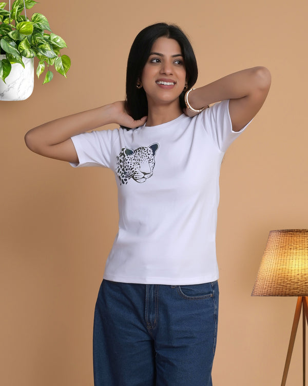 Women's White Leopard Graphic Printed Cotton T-Shirt