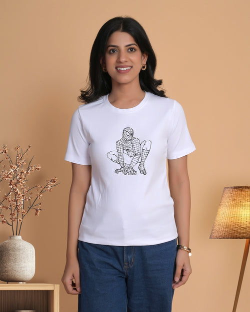 Women's White Superhero Inspired Graphic Printed Cotton T-Shirt