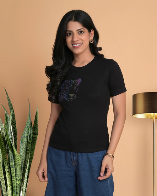 Women's Leopard Face Graphic Printed Cotton T-Shirt