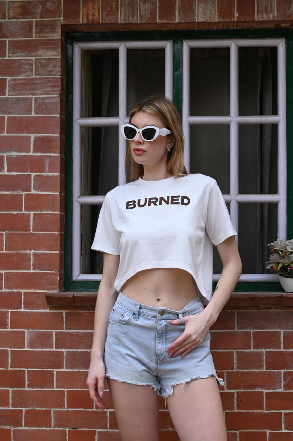 Sassy and Cool – Burned Print White Crop T-shirt