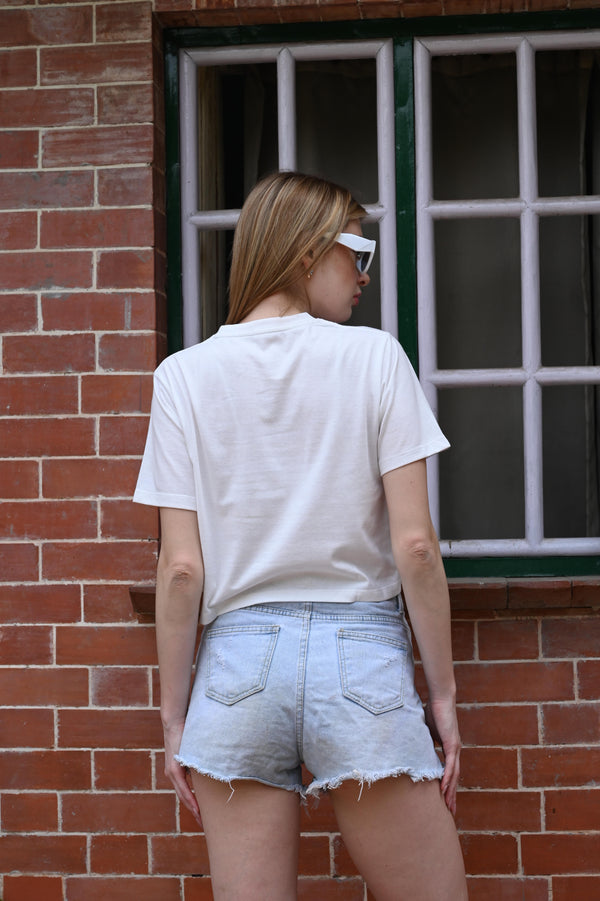 Sassy and Cool – Burned Print White Crop T-shirt