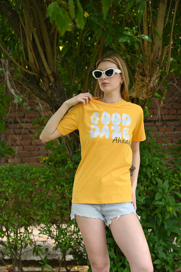 Yellow pure cotton Printed T-shirt