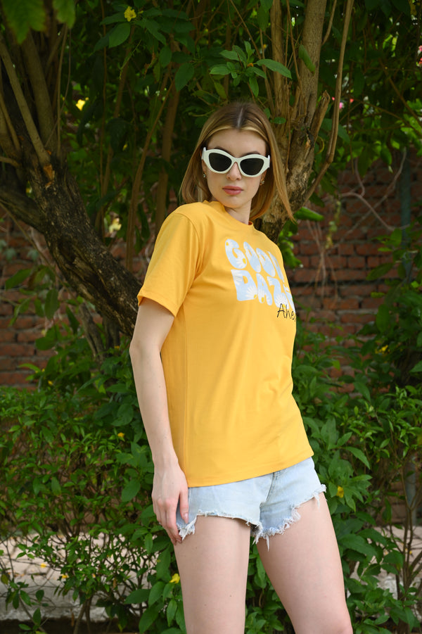 Yellow pure cotton Printed T-shirt