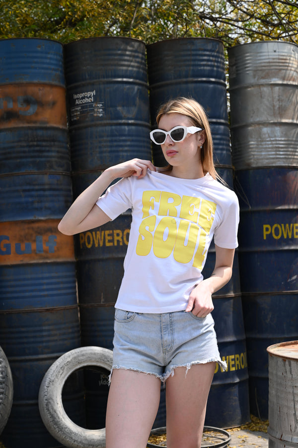 Relaxed Fit White Tee – “Free Soul” Print