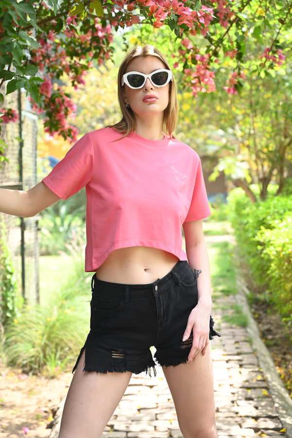 Chic Pink Crop Tee with Print