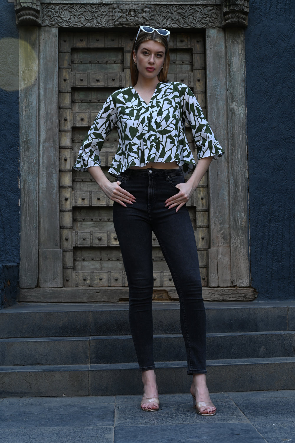 White & Olive Green Printed Top | Fresh & Stylish