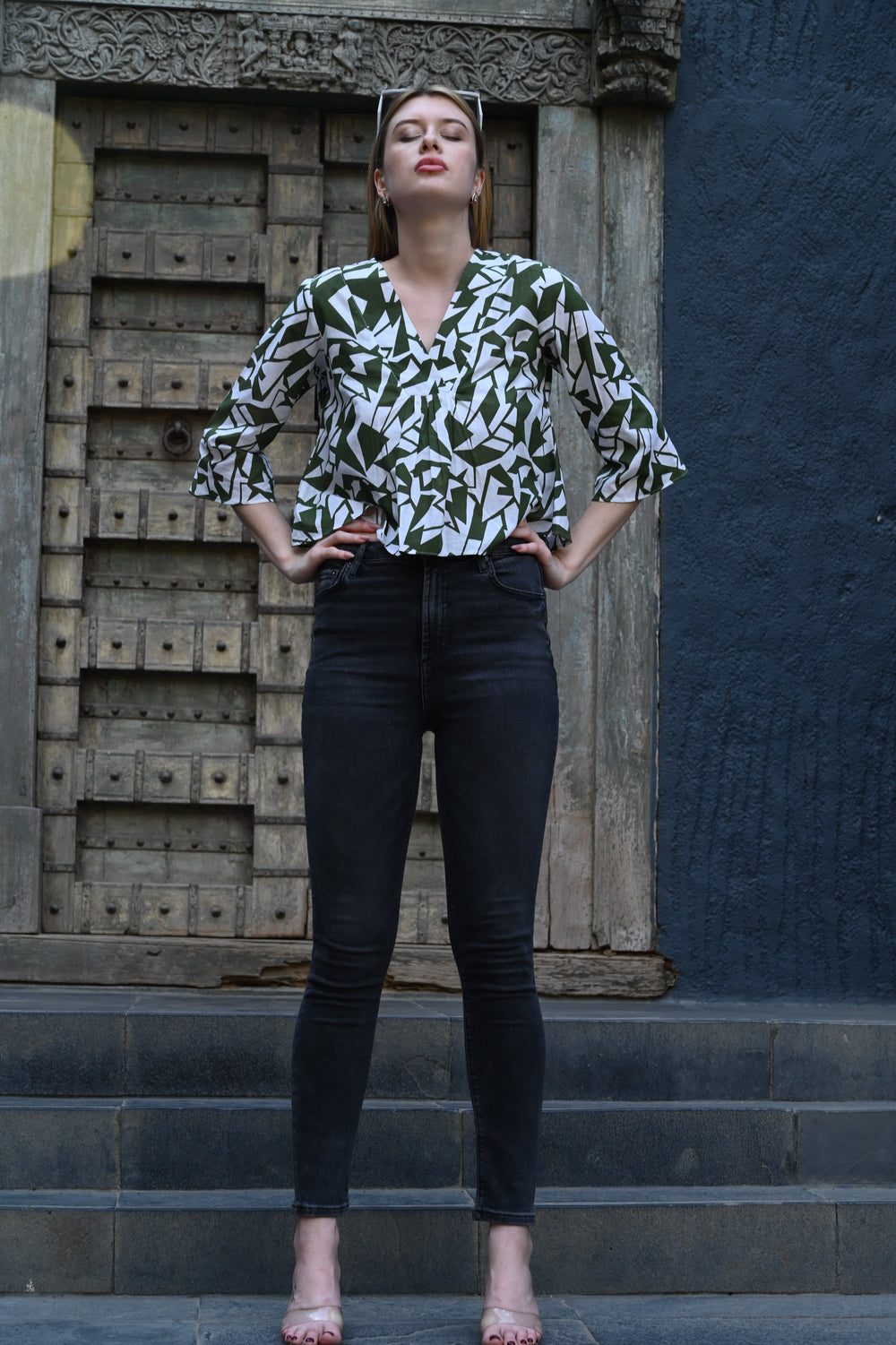 White & Olive Green Printed Top | Fresh & Stylish