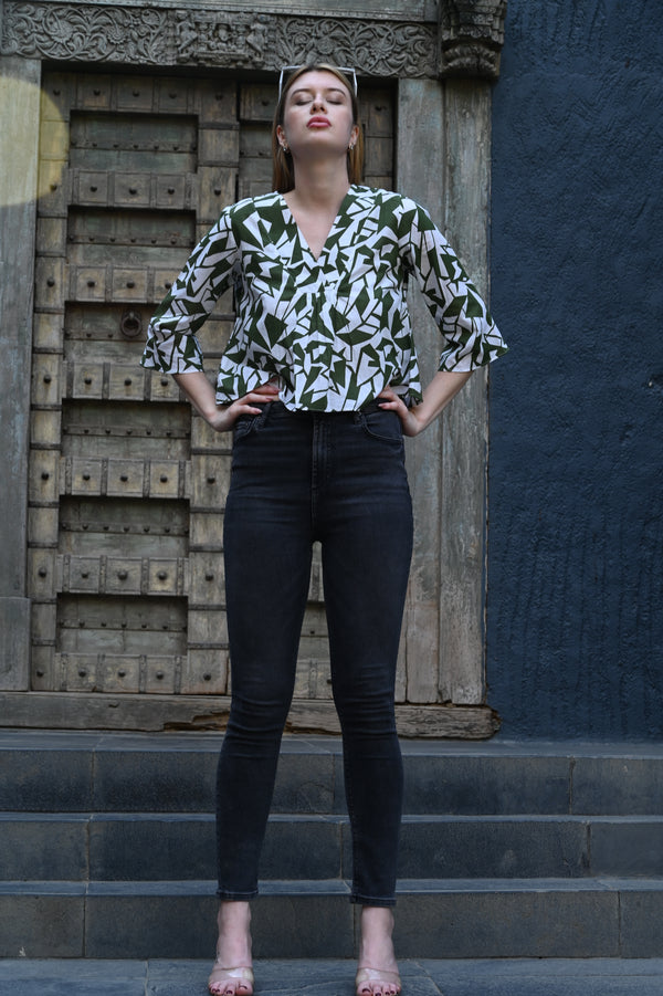 White & Olive Green Printed Top | Fresh & Stylish