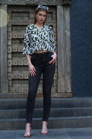 White & Olive Green Printed Top | Fresh & Stylish