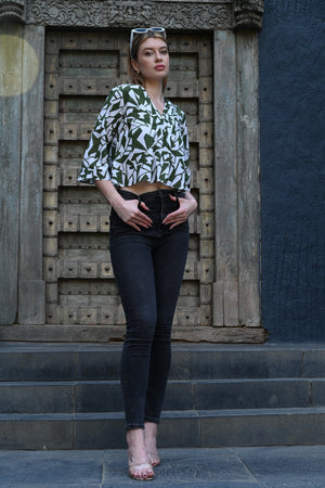 White & Olive Green Printed Top | Fresh & Stylish