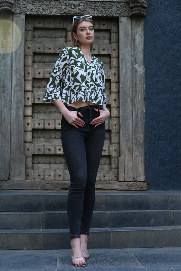 White & Olive Green Printed Top | Fresh & Stylish
