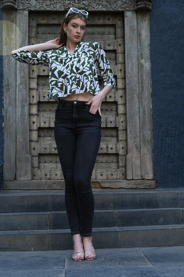 White & Olive Green Printed Top | Fresh & Stylish