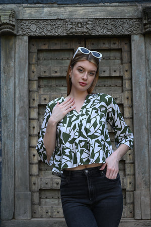 White & Olive Green Printed Top | Fresh & Stylish