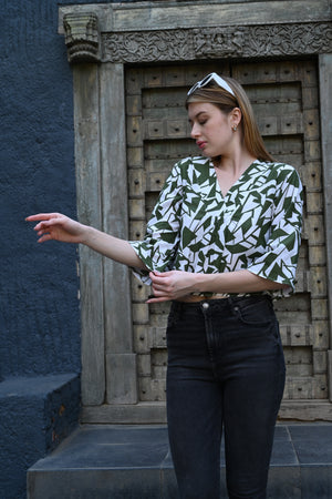 White & Olive Green Printed Top | Fresh & Stylish