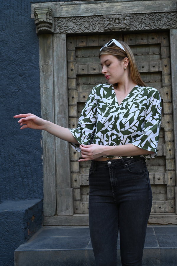 White & Olive Green Printed Top | Fresh & Stylish