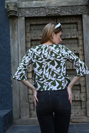 White & Olive Green Printed Top | Fresh & Stylish