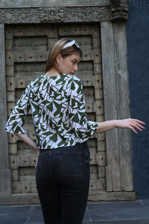 White & Olive Green Printed Top | Fresh & Stylish