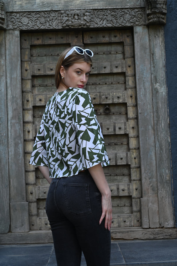 White & Olive Green Printed Top | Fresh & Stylish