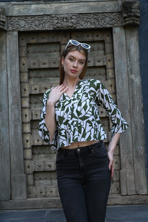 White & Olive Green Printed Top | Fresh & Stylish