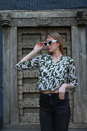 White & Olive Green Printed Top | Fresh & Stylish
