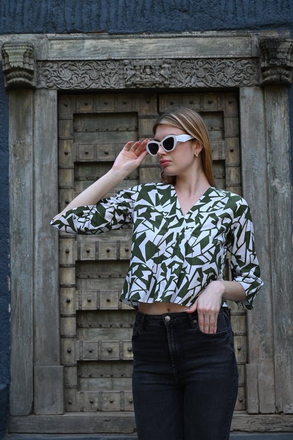 White & Olive Green Printed Top | Fresh & Stylish