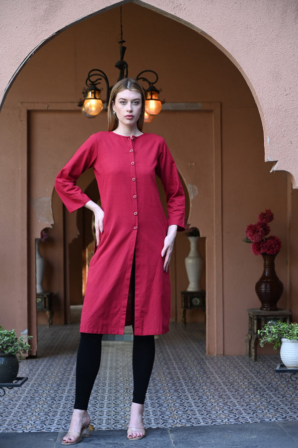 Mandarin Maroon Round Neck Kurti