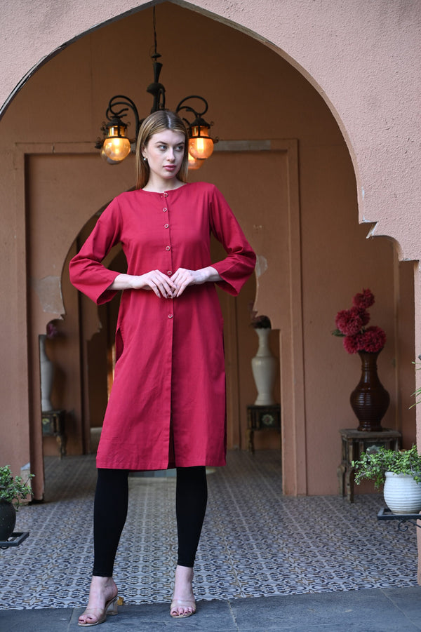 Mandarin Maroon Round Neck Kurti