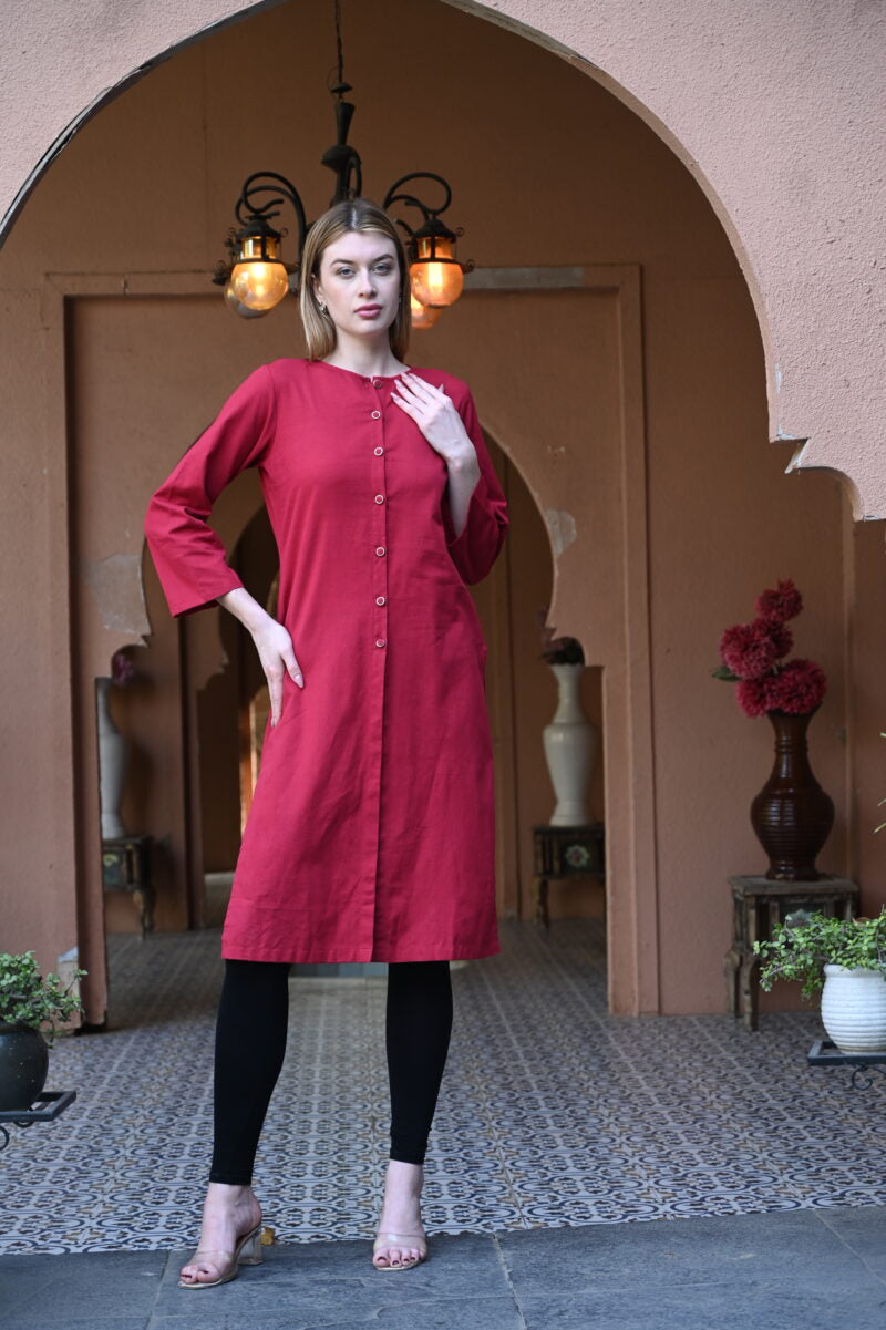 Mandarin Maroon Round Neck Kurti