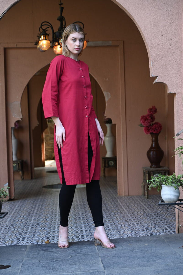 Mandarin Maroon Round Neck Kurti