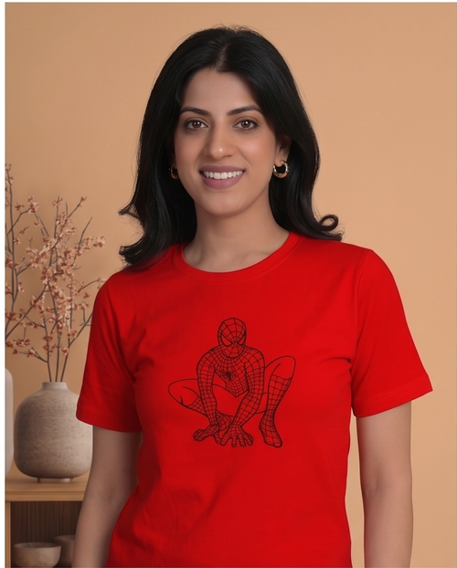 Women's Red Superhero Inspired Graphic Printed Cotton T-Shirt