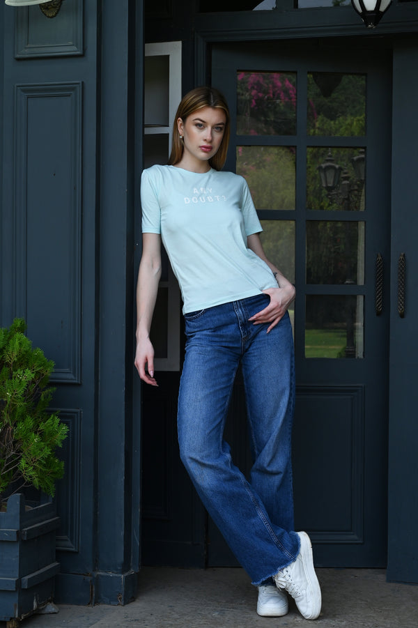 Bold Light Blue Tee with “Any Doubt? Print”