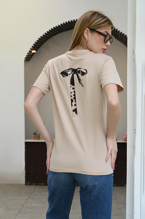 Light Brown T-Shirt – Stylish Back Ribbon Design