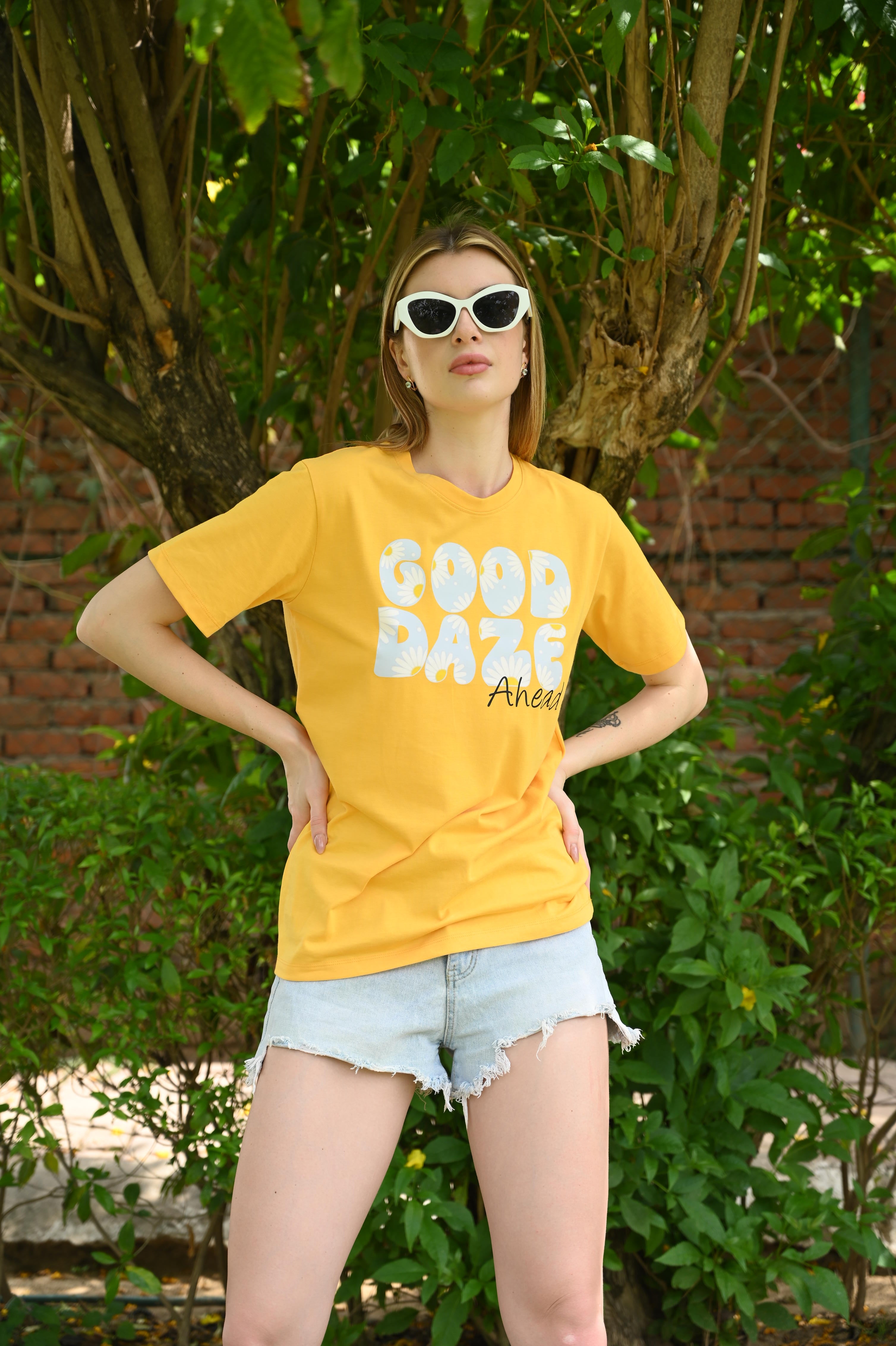 Yellow pure cotton Printed T-shirt