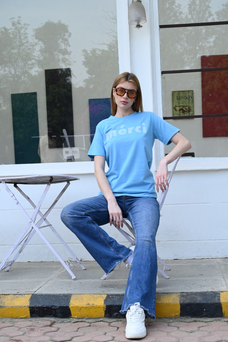 Women’s Blue Cotton T-Shirt with “Merci” Print – Round Neck Casual Wear