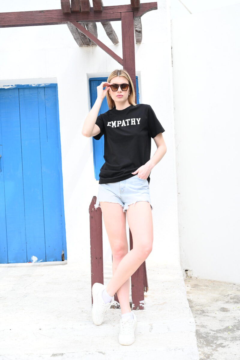 Black women’s top with “Empathy” slogan print – round neck casual wear